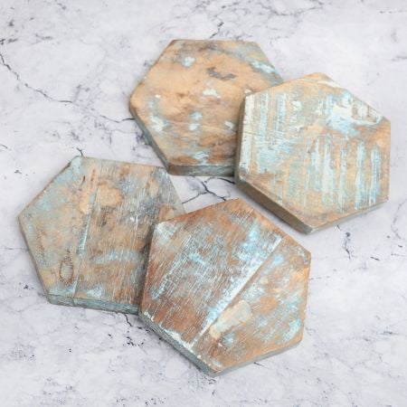 Hexagon Shaped Wooden Coasters for Home Decor - Pack of 4